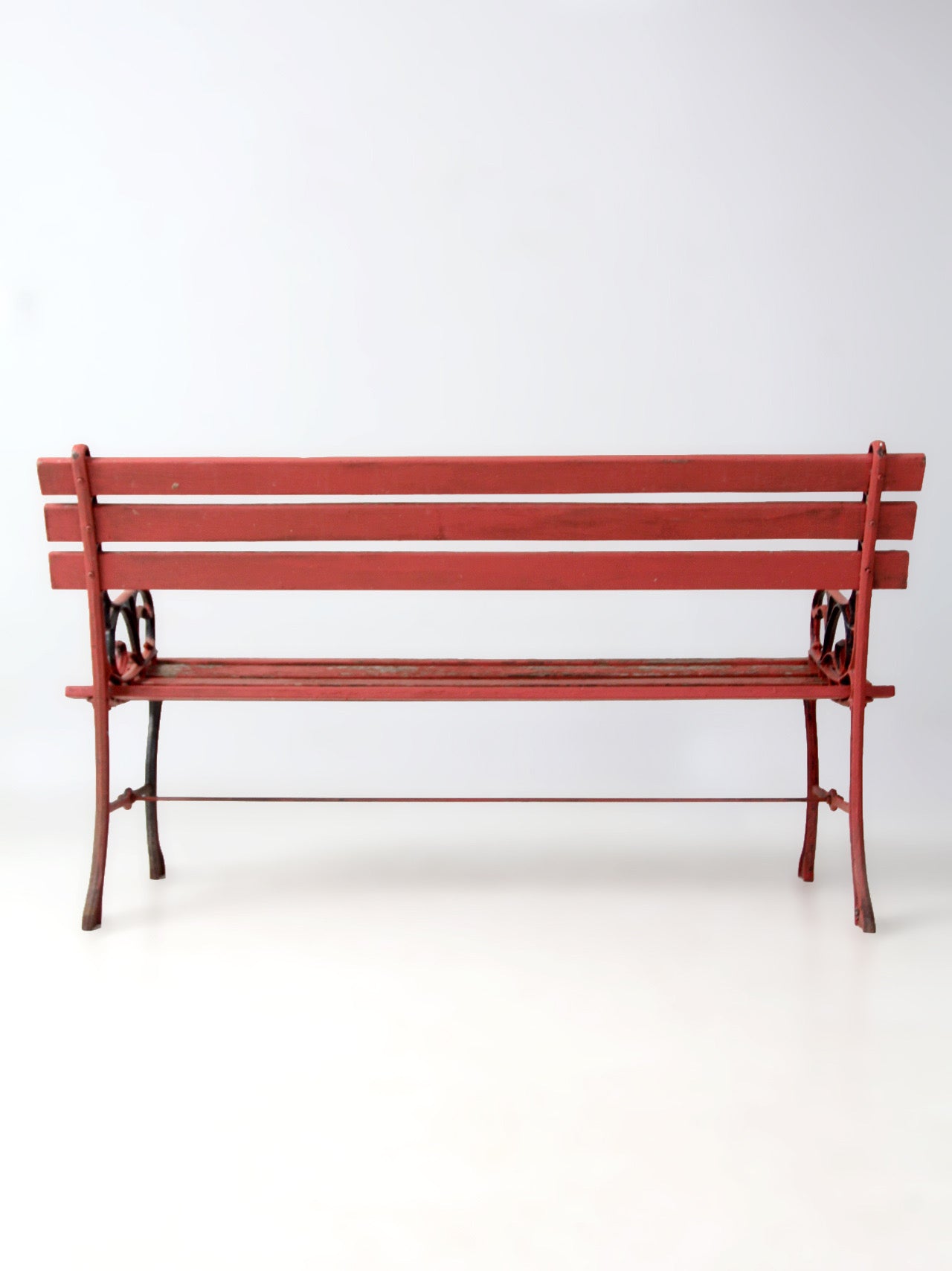 vintage red iron and wood garden bench