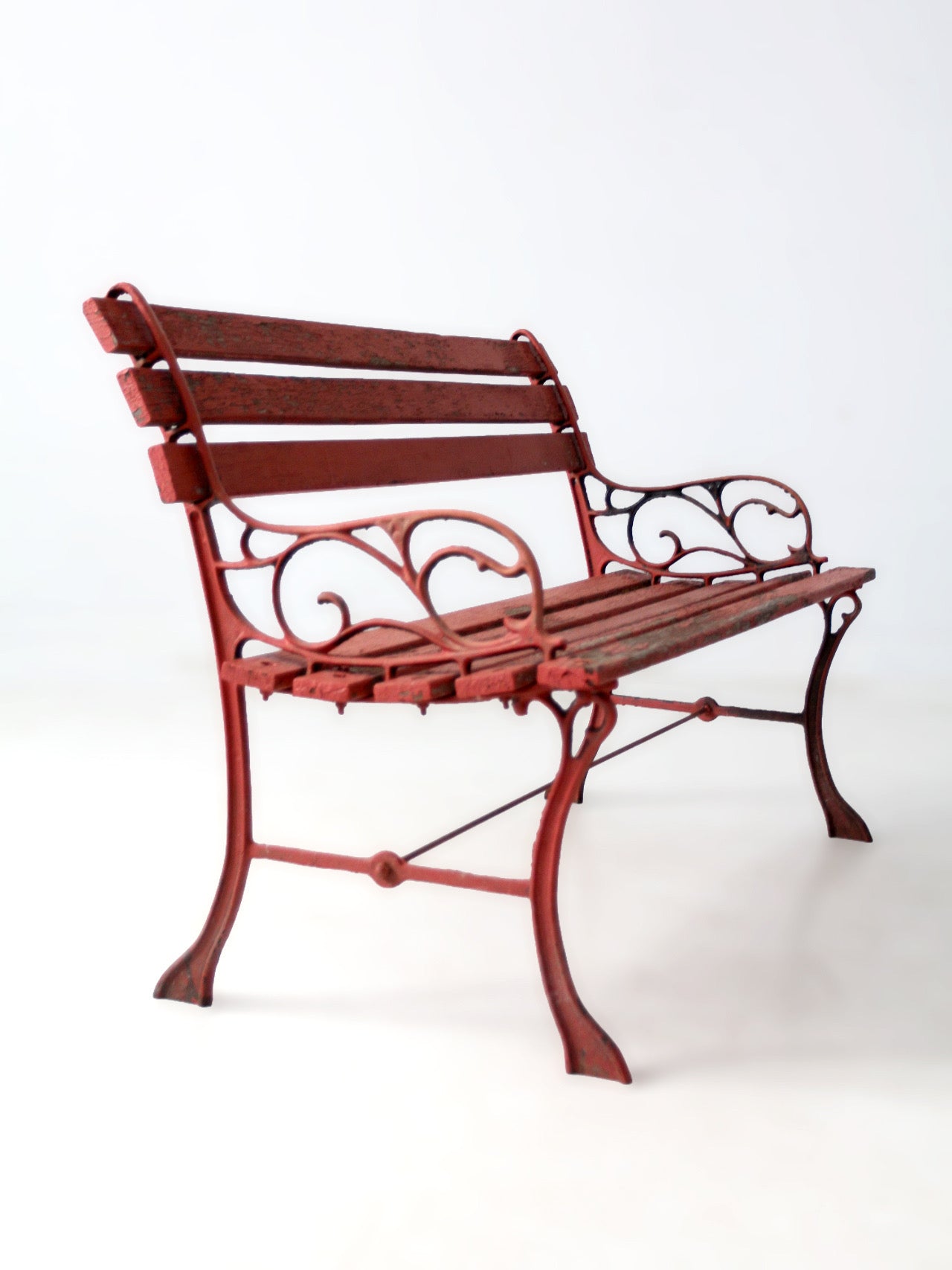 vintage red iron and wood garden bench