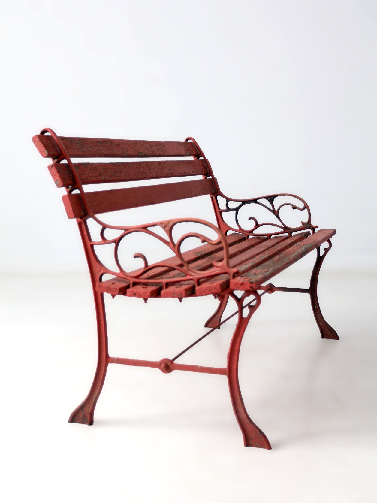 vintage red iron and wood garden bench