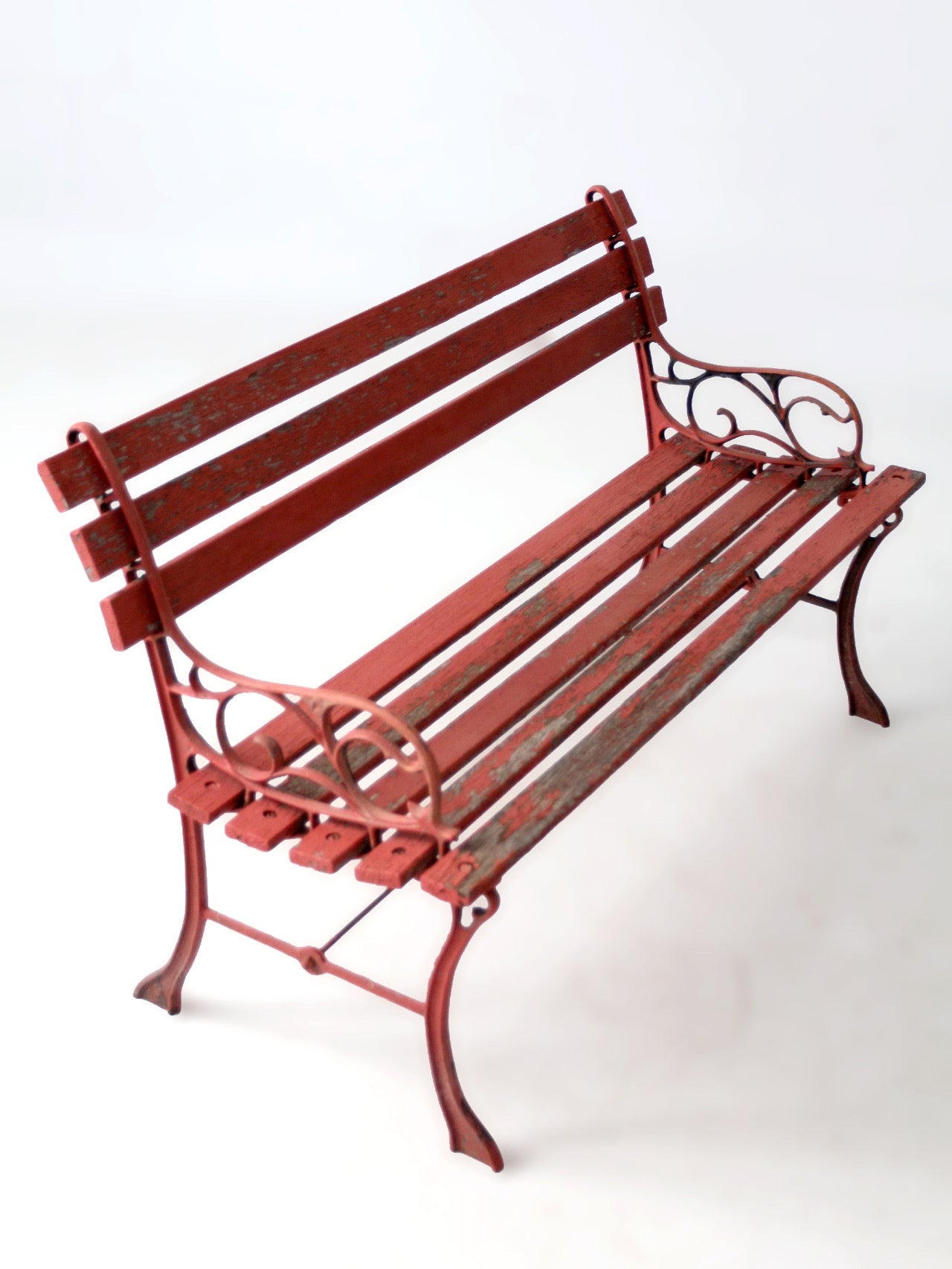 vintage red iron and wood garden bench