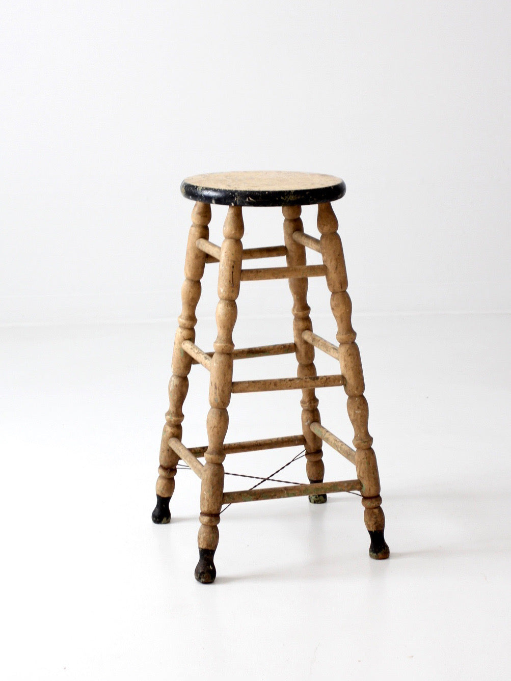 antique primitive tall wood stool with cream paint