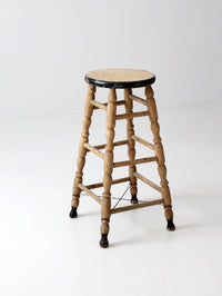 antique primitive tall wood stool with cream paint