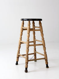 antique primitive tall wood stool with cream paint