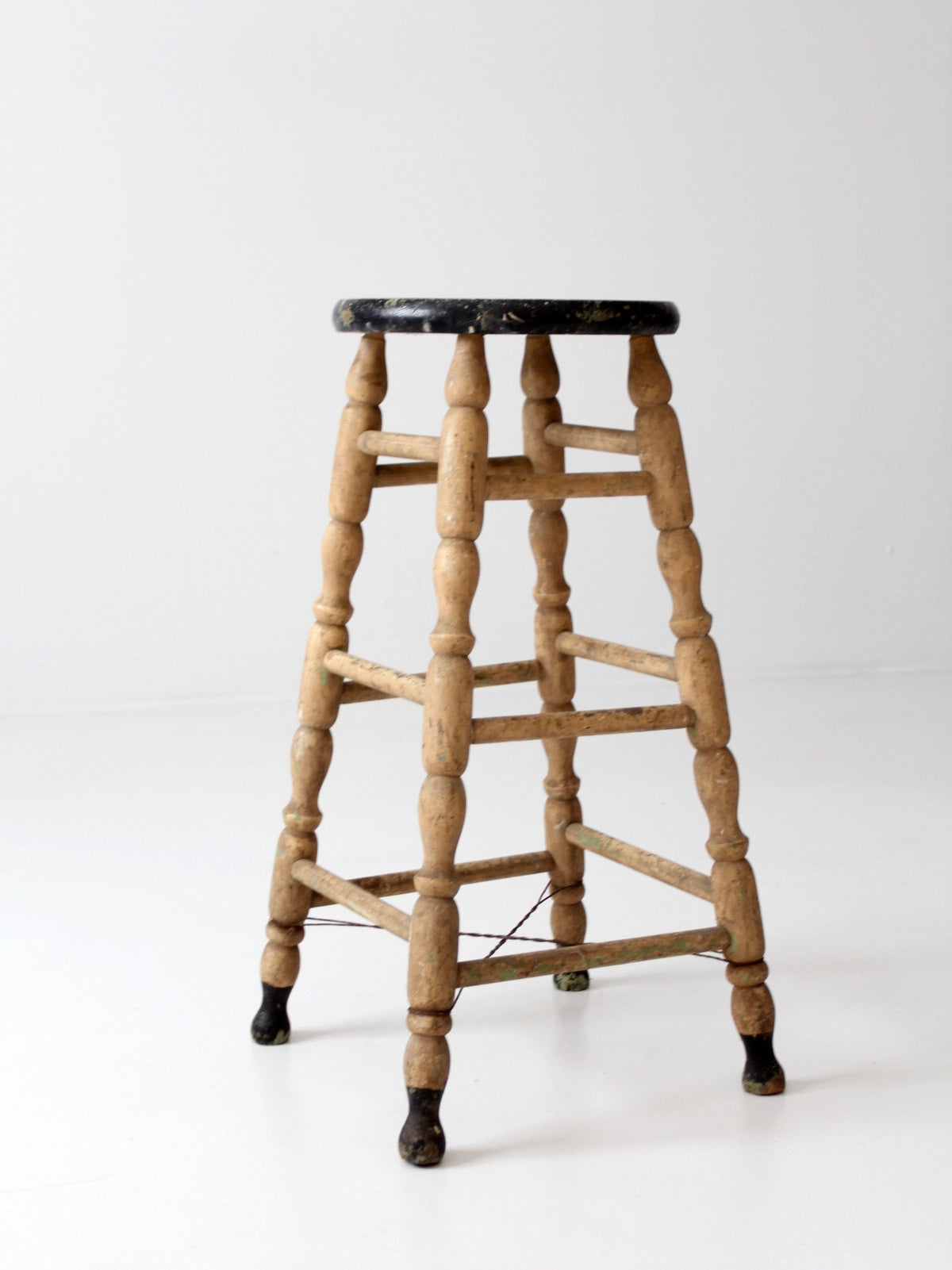 antique primitive tall wood stool with cream paint