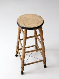 antique primitive tall wood stool with cream paint