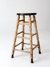 antique primitive tall wood stool with cream paint
