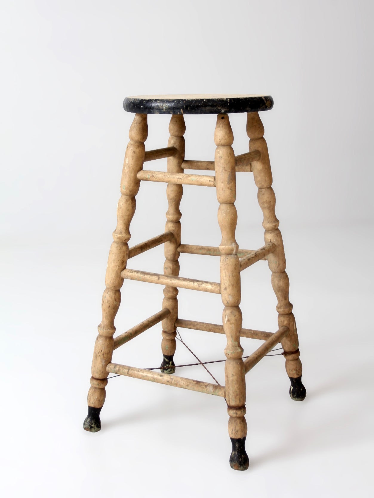 antique primitive tall wood stool with cream paint