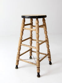 antique primitive tall wood stool with cream paint