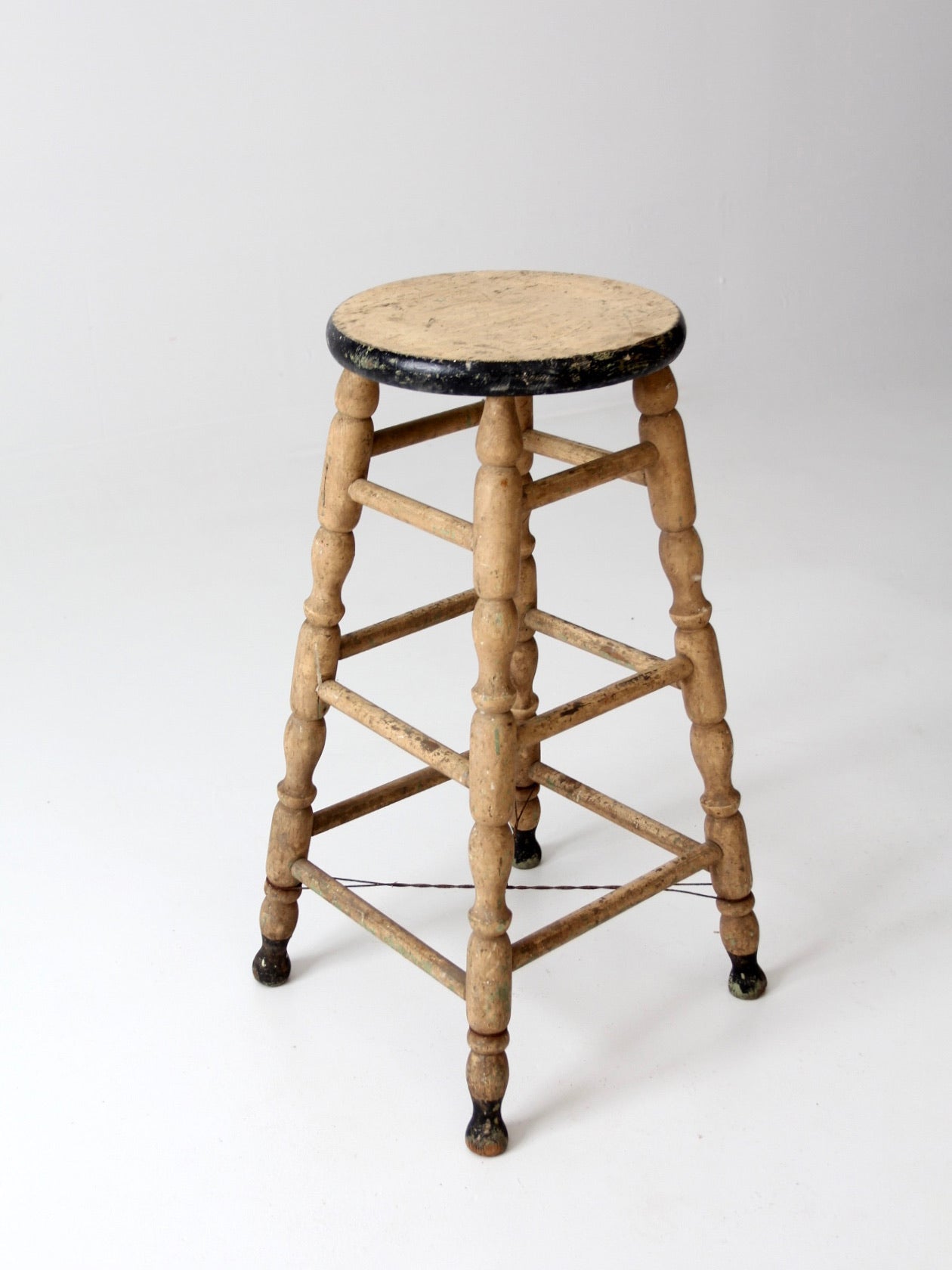 antique primitive tall wood stool with cream paint