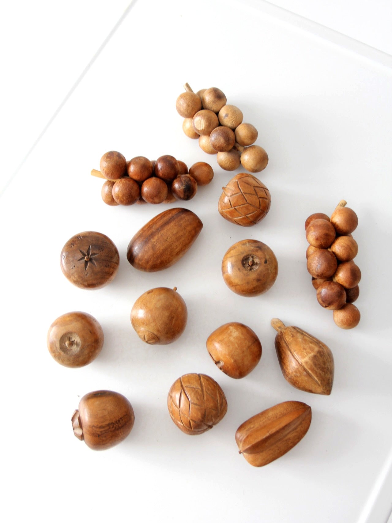 mid-century carved wood fruit set