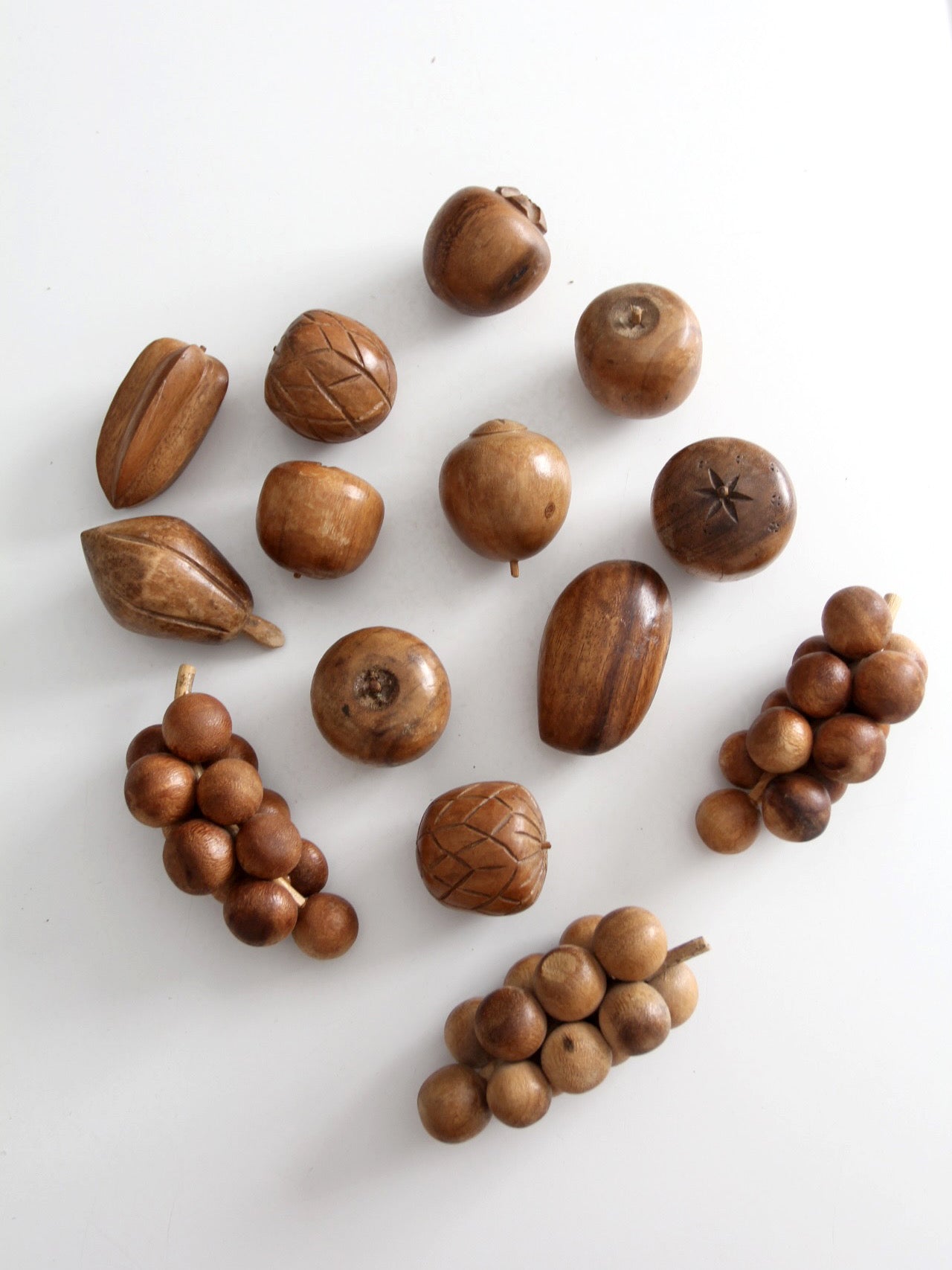 mid-century carved wood fruit set