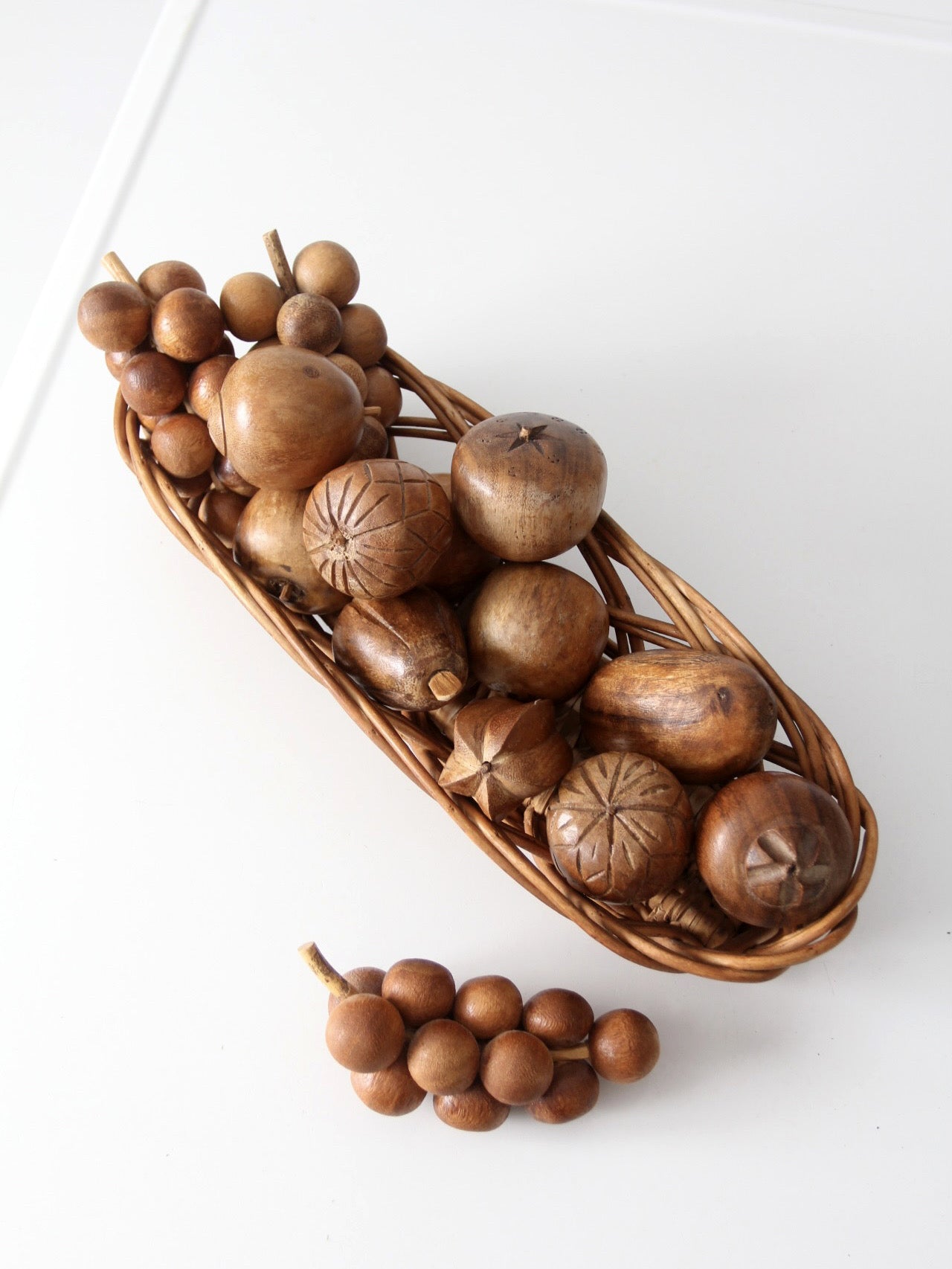 mid-century carved wood fruit set