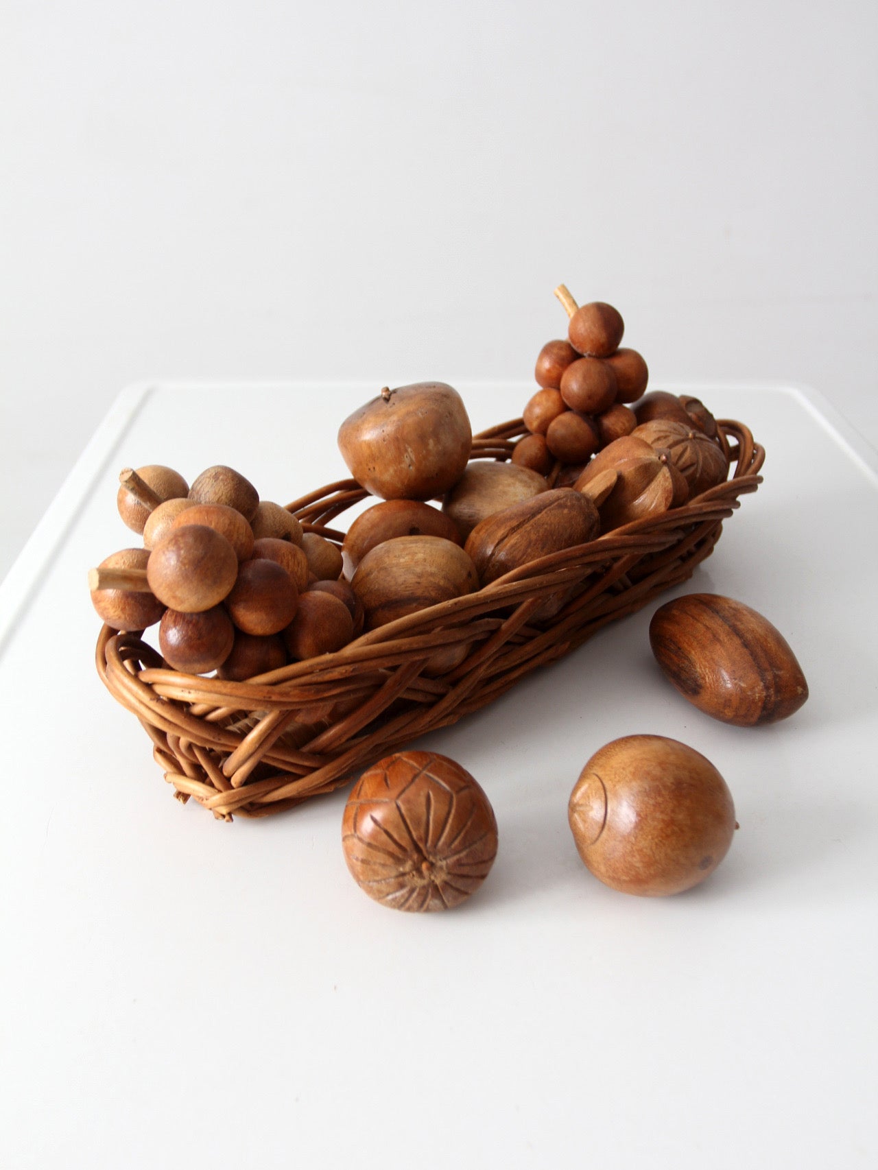 mid-century carved wood fruit set
