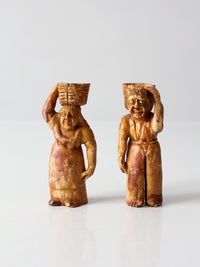 mid-century wood folk art basket carrying figures