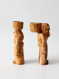 mid-century wood folk art basket carrying figures