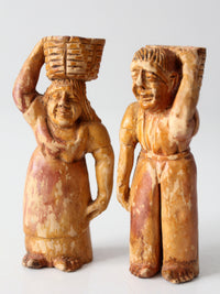 mid-century wood folk art basket carrying figures