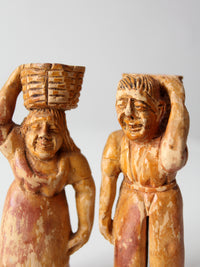 mid-century wood folk art basket carrying figures