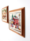 vintage framed crewel needlework art wall hangings pair