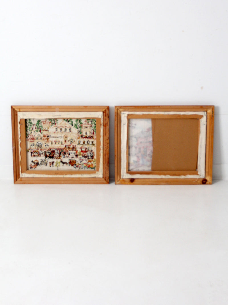 vintage framed crewel needlework art wall hangings pair