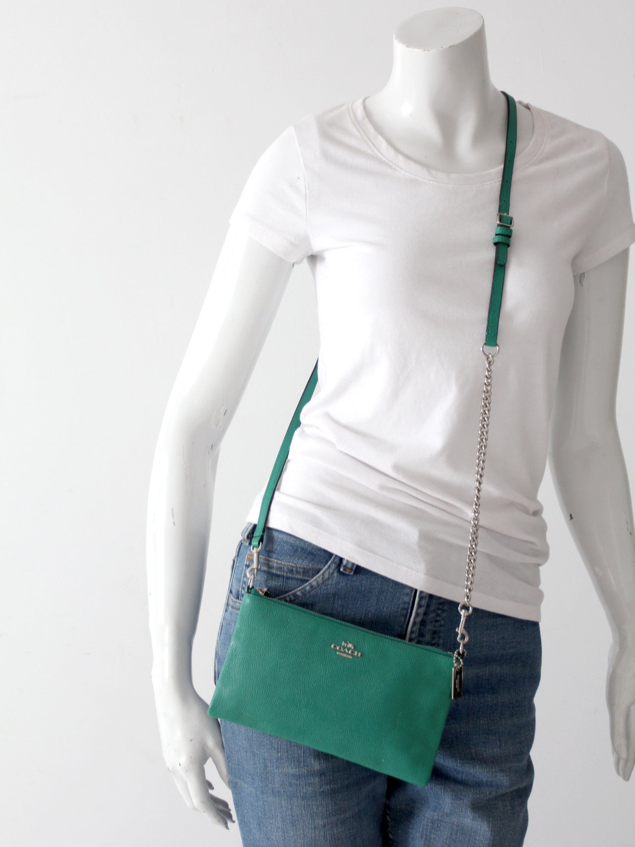 Coach green leather crossbody pouch with chain strap