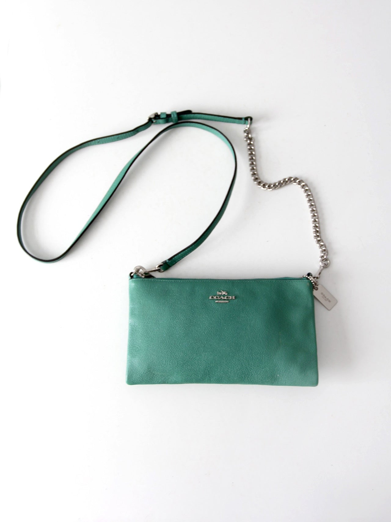 Coach green leather crossbody pouch with chain strap
