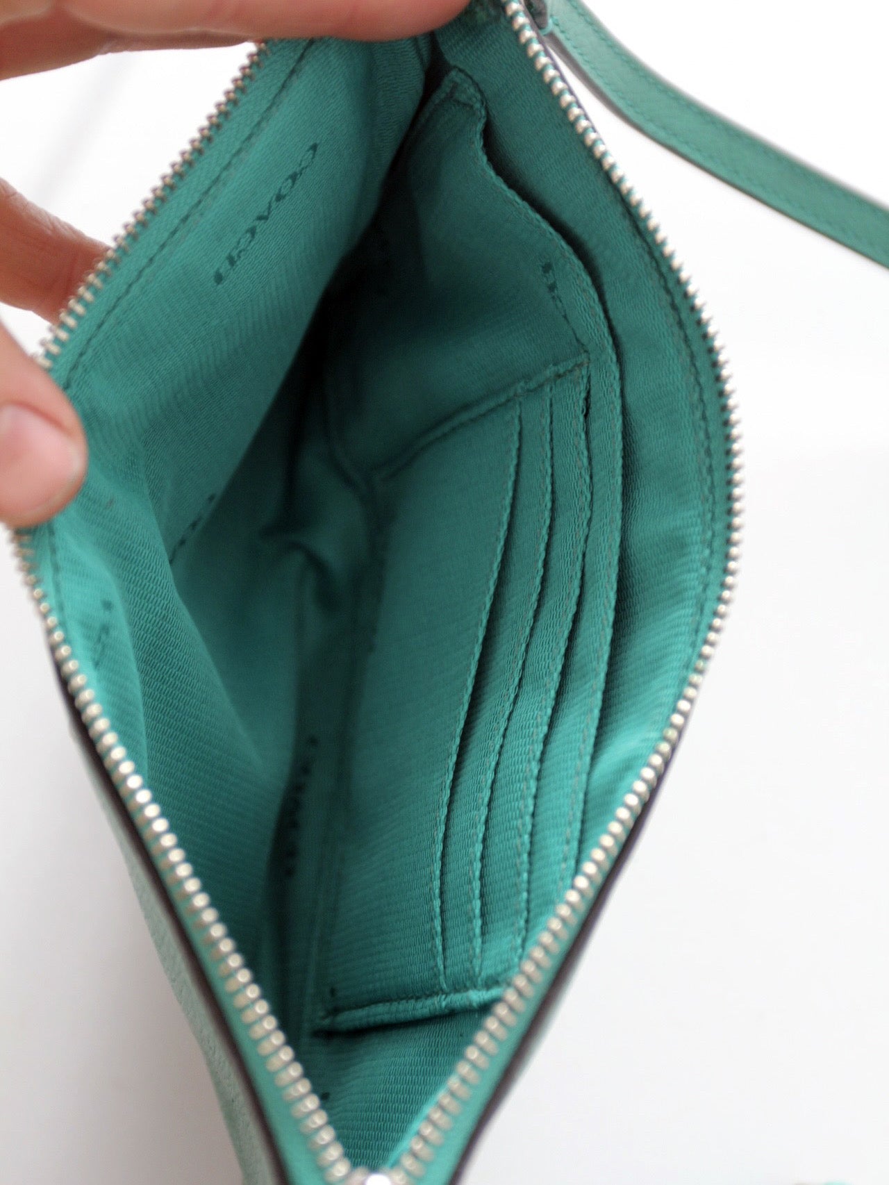 Coach green leather crossbody pouch with chain strap