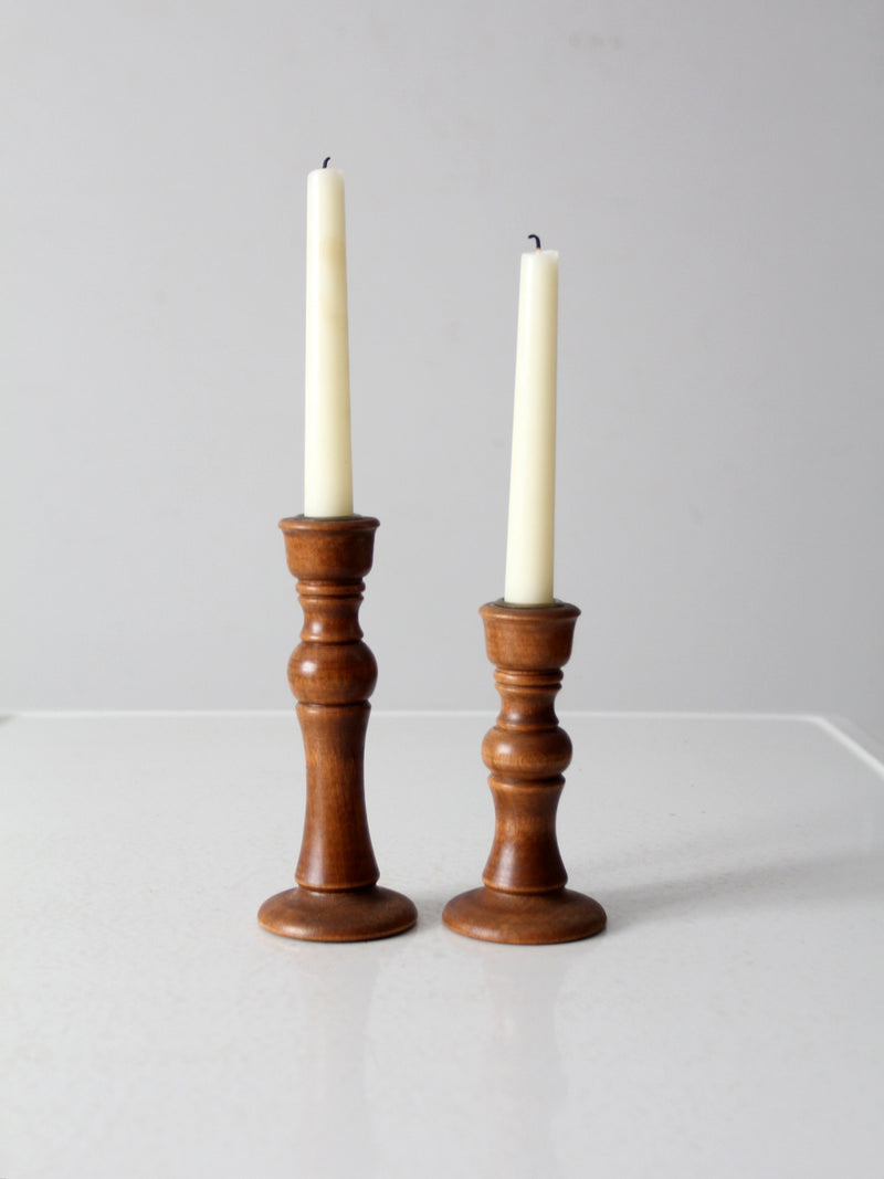 vintage turned wood candlestick holder pair