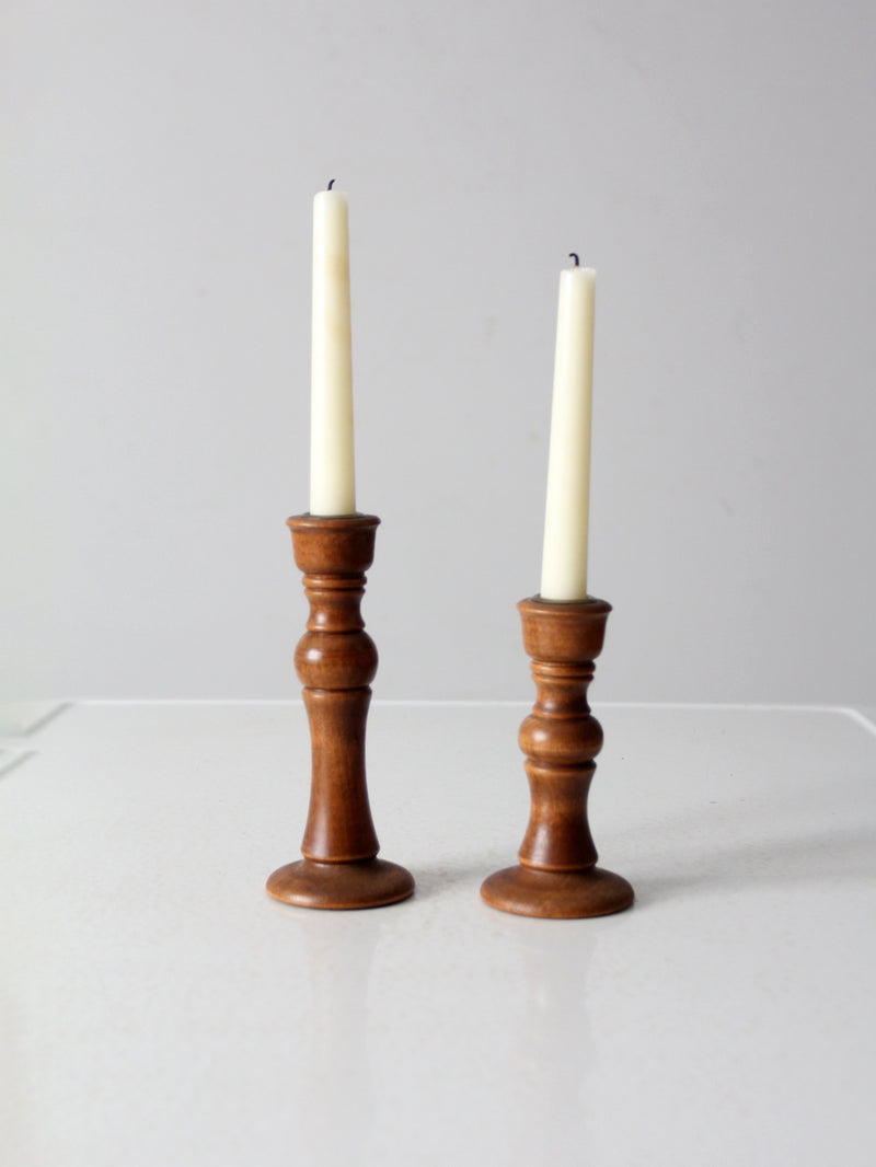vintage turned wood candlestick holder pair