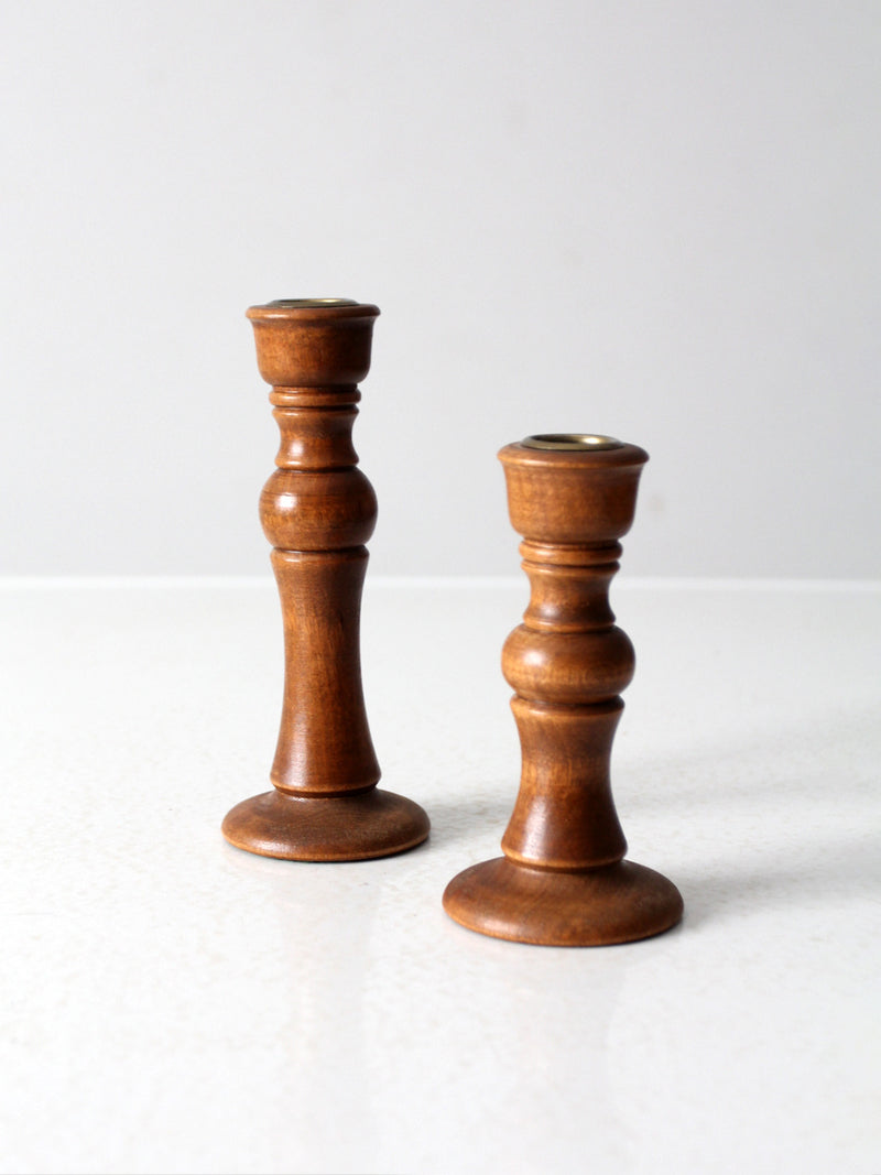 vintage turned wood candlestick holder pair