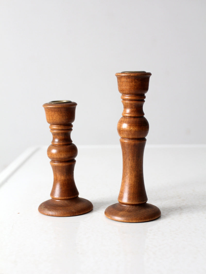 vintage turned wood candlestick holder pair