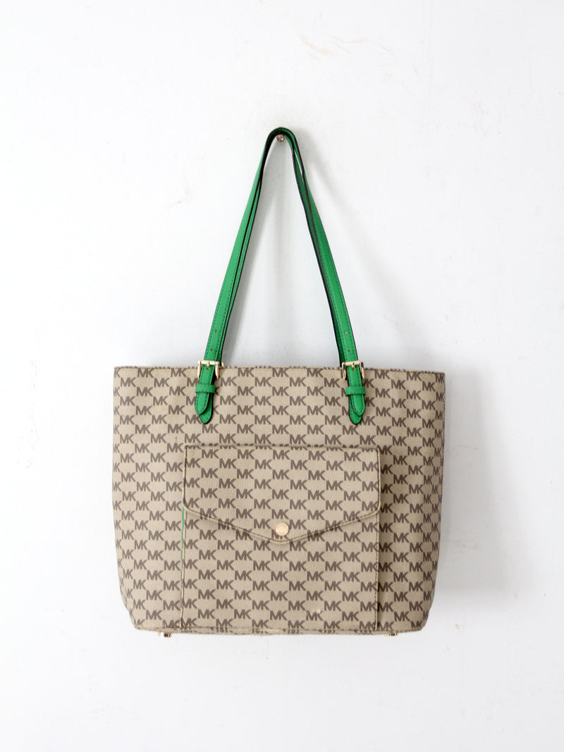 Michael Kors monogram canvas tote bag with green leather handles