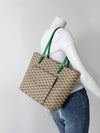 Michael Kors monogram canvas tote bag with green leather handles