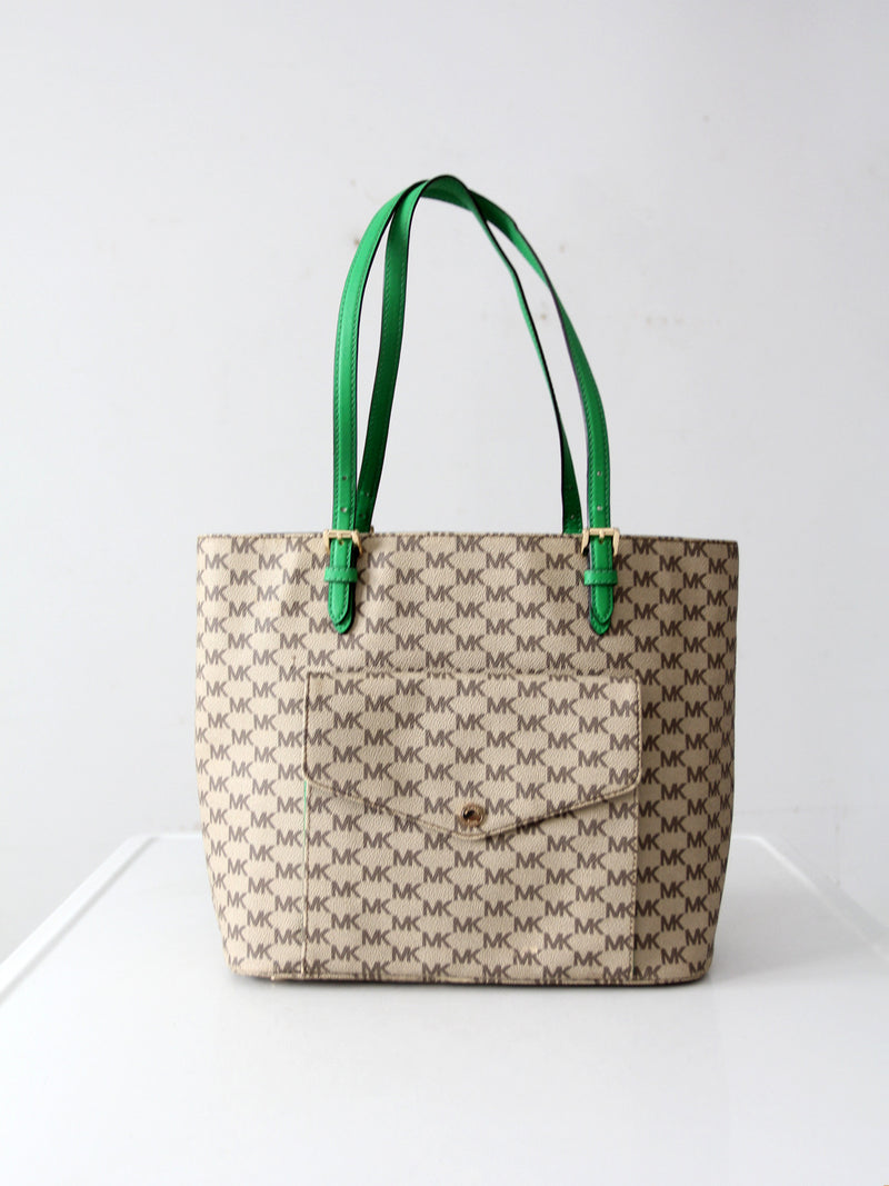Michael Kors monogram canvas tote bag with green leather handles