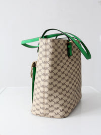 Michael Kors monogram canvas tote bag with green leather handles