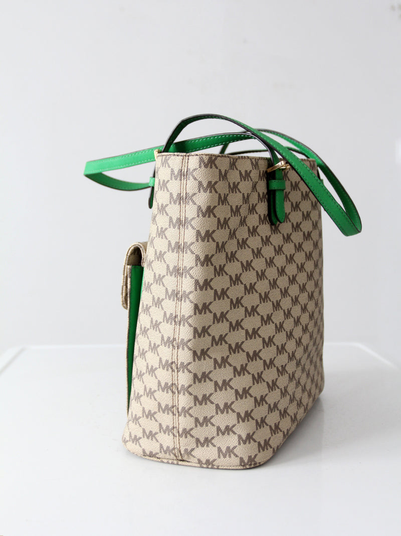 Michael Kors monogram canvas tote bag with green leather handles