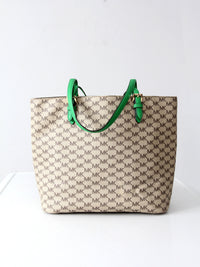 Michael Kors monogram canvas tote bag with green leather handles