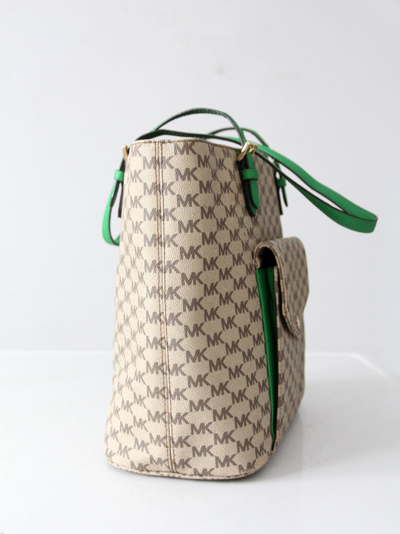 Michael Kors monogram canvas tote bag with green leather handles
