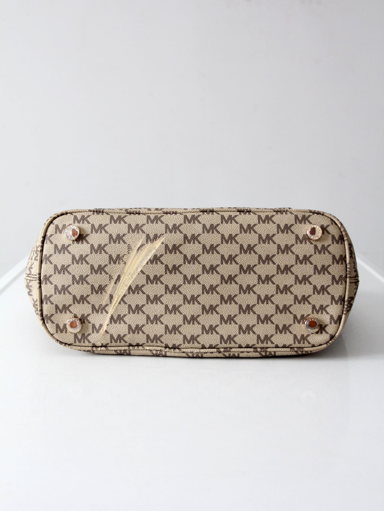 Michael Kors monogram canvas tote bag with green leather handles