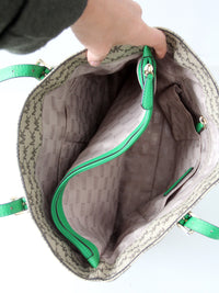 Michael Kors monogram canvas tote bag with green leather handles