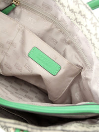 Michael Kors monogram canvas tote bag with green leather handles