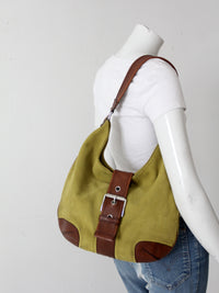 vintage Michael Kors olive suede and brown leather buckle hobo bag
