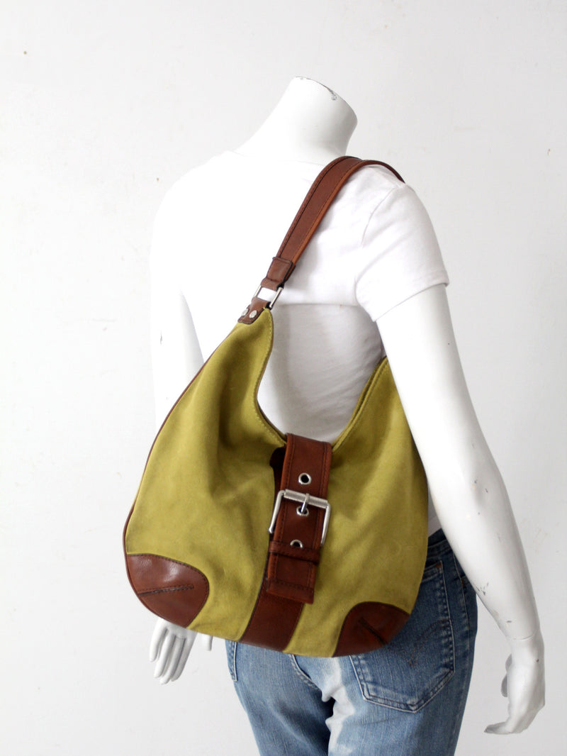 vintage Michael Kors olive suede and brown leather buckle hobo bag