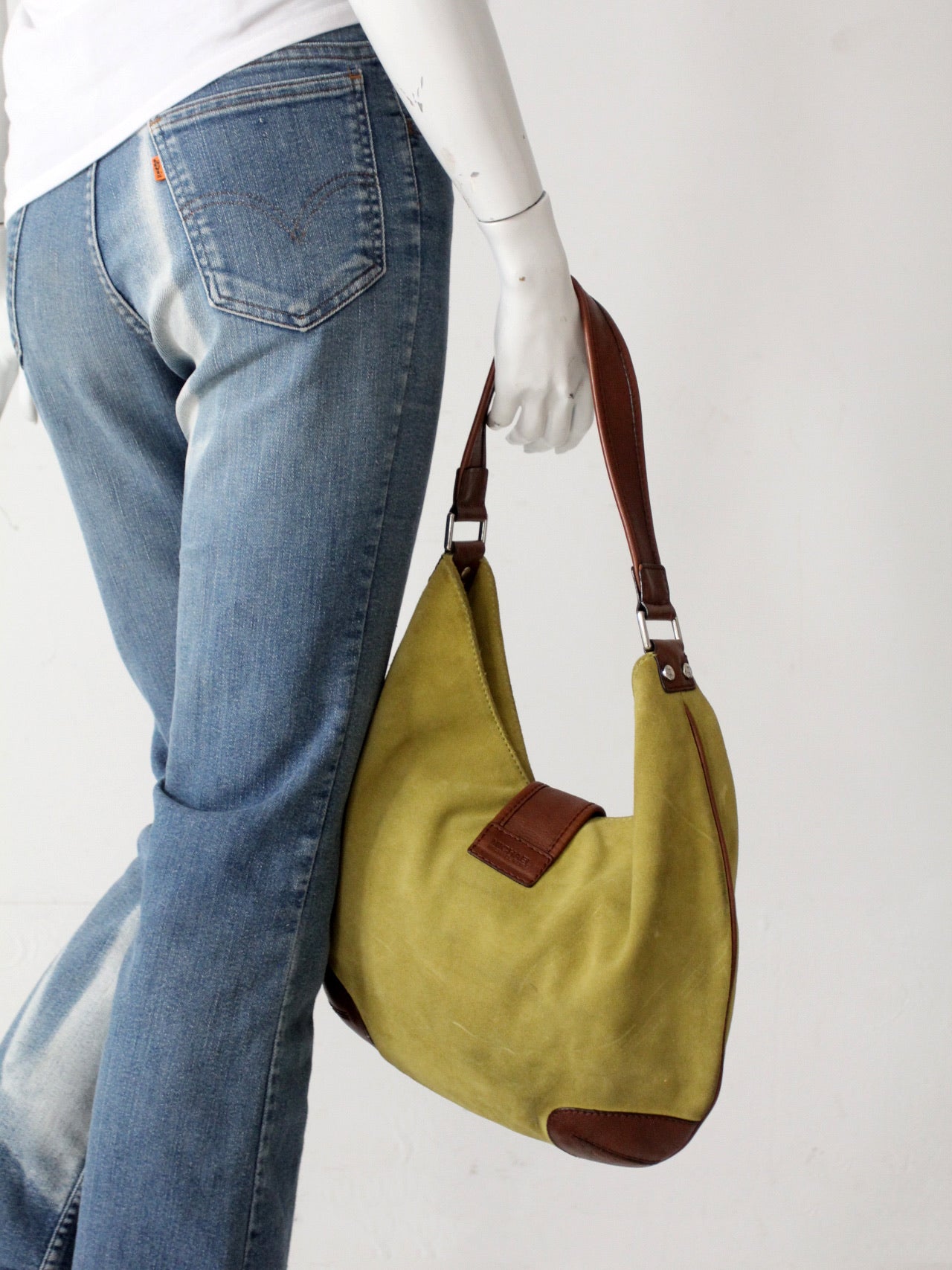 vintage Michael Kors olive suede and brown leather buckle hobo bag