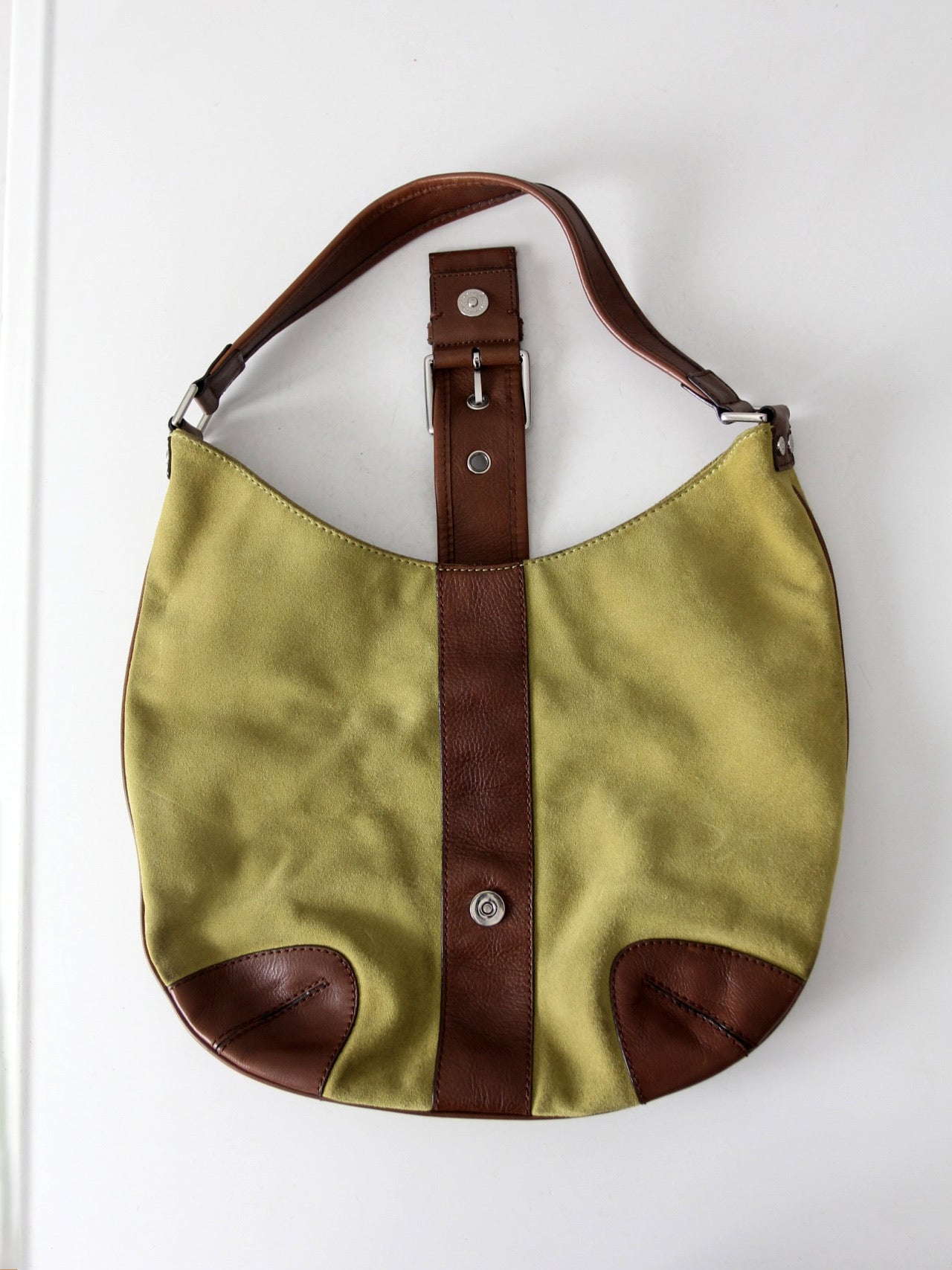 vintage Michael Kors olive suede and brown leather buckle hobo bag
