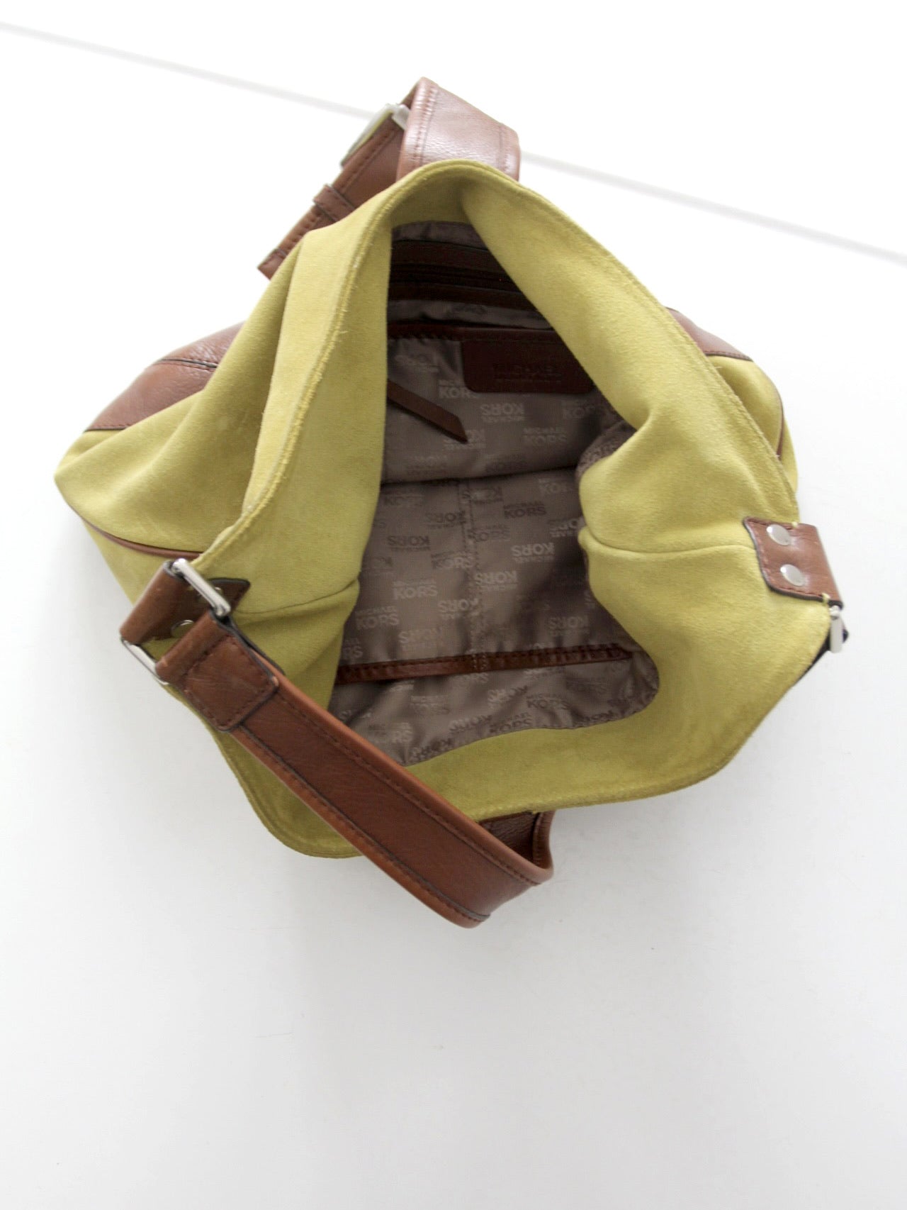 vintage Michael Kors olive suede and brown leather buckle hobo bag