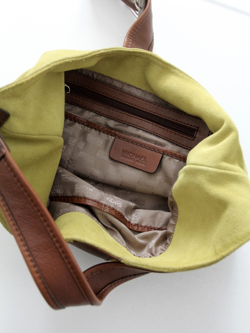 vintage Michael Kors olive suede and brown leather buckle hobo bag