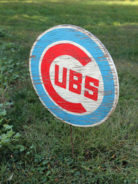 vintage Cubs painted wood sign with stake