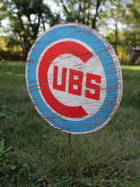 vintage Cubs painted wood sign with stake