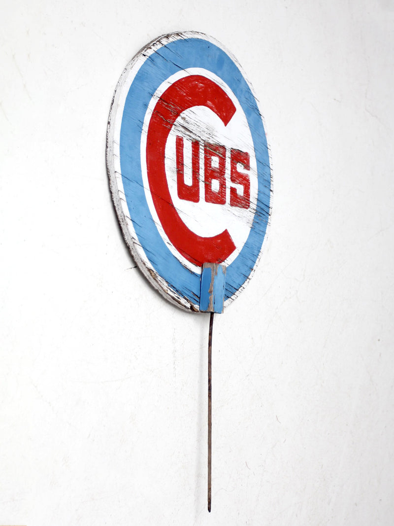 vintage Cubs painted wood sign with stake