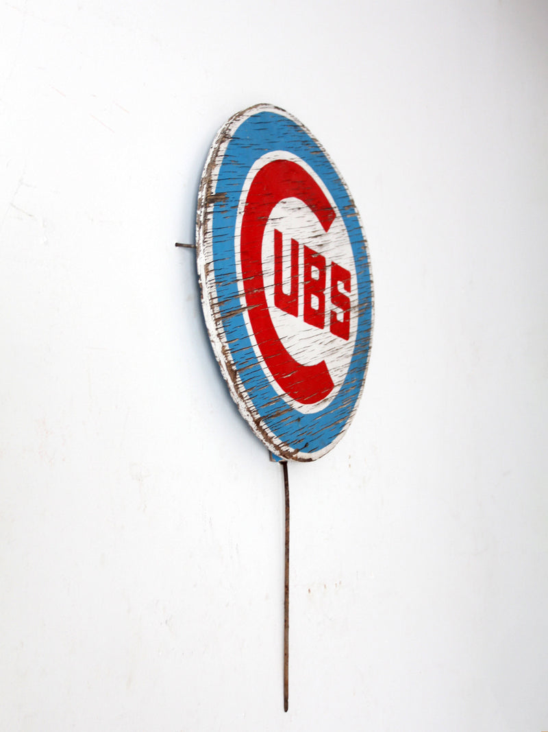 vintage Cubs painted wood sign with stake